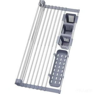 Expandable Roll up Dish Drying Rack with Utensil Holder 304 Stainless Steel Over Sink Dish Drainer with Drip Tray Adjustable