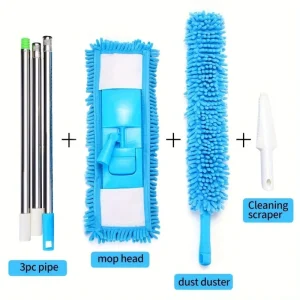 Extendable Chenille Cleaning Duster Scraper Set with Stainless Steel Pole Flat Mop Included