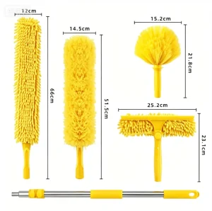 Extendable Long Handle Duster Set Aluminum Telescopic Pole Microfiber Head for High Windows Ceiling
