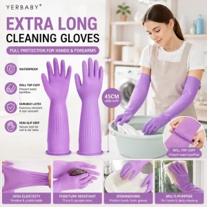 Extra Long 45cm Waterproof Cleaning Gloves Roll Top Cuff Durable Latex Non Slip Grip Multi Purpose Household Dishwashing Gloves