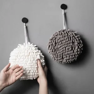 FF3392 Bathroom Kitchen Hanging Hand Drying Towel Countertop Cleaning Cloths Rag Chenille Fluffy Fuzzy Ball Hand Towel