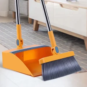 FF5749 Home Easy Cleaning Floor Sweeping Combo Set with Self Cleaning Teeth Foldable Head Broom and Dustpan Set