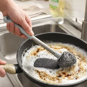 FF6013 Long Handle Bottle Pan Pot Kitchen Cleaning Brush Sink Scrubbers Steel Wire Ball Dish Scrub Brush