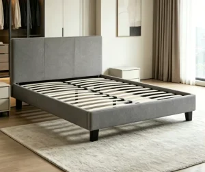 Fabric Upholstered Platform Bed Frame with Solid Pine Wood Slat Base for Home and Hotel