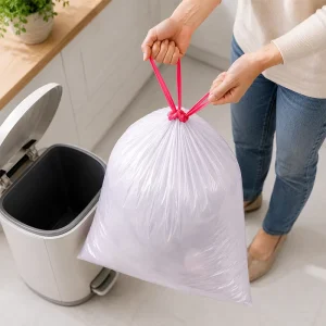 Factory Custom Small Size Drawstring Garbage Bag with Handle White Trash Bin Liners for Home Office Kitchen Bathroom