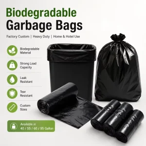 Factory Customized PBAT Biodegradable Trash Bags 40 55 60 95 Gallon Large Sizes Black for Hotels Homes Kitchens