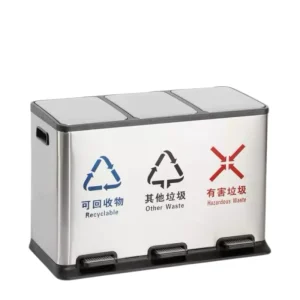 Factory Direct 3 Compartment Stainless Steel Step Pedal Waste Bin for Kitchen Waste Separation Standing Three Buckets