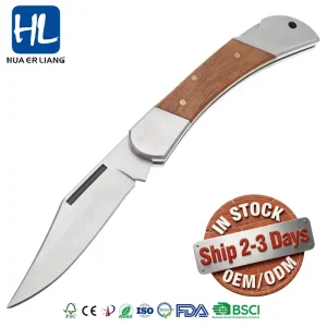 Factory Direct OEM Stainless Steel Folding Pocket Knife with Partial Wood Inlay Handle