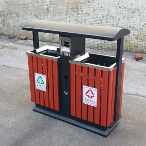 Factory Hot Selling Waste Bin Two Compartments Metal Garbage Bin Wooden Waste Bin Recycling Container Outdoor Garbage Container