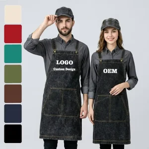 Factory Supply Custom Logo Cotton Denim Sleeveless Artist Work Apron with Pockets Cross and Adjustable Straps for Cleaning