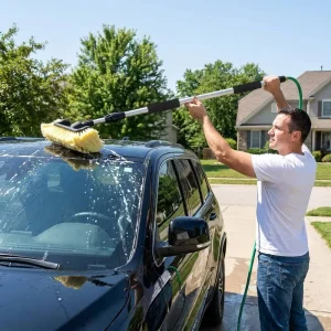 Five Face Hose Fed Car Wash Brush Adjustable Aluminum Pole Soft Bristle Touchless Rinse Exterior Deep Clean