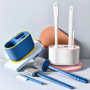 Flat Head Soft Bristles Silicone Toilet Cleaning Brush With Holder Bathroom Accessory