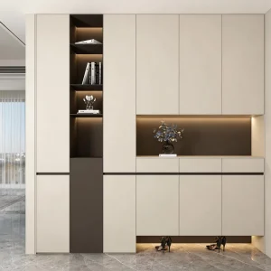 Floating Shoe Cabinet with LED Open Shelf and Drawers Beige MDF Modern Entryway Storage Custom