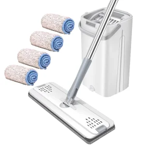 Floor Cleaning Flat Mop with Bucket Microfiber Pad Mop Squeegee Hand Free Self Cleaning Mop
