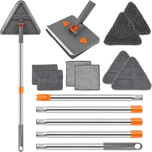 Foldable Baseboard Wall Mop Stainless Steel Extension Pole Swivel Squeegee 8 Reusable Pads for Ceiling Floor