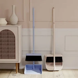 Folding Plastic Broom and Dustpan Set with Soft Bristles for Indoor Use