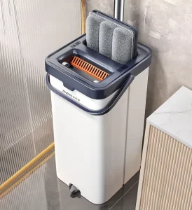 For Hands Free Flat Mop Bucket Set Wringer System Extended Stainless Steel Handle High Dehydration Rate 2 Mopheads for Wood