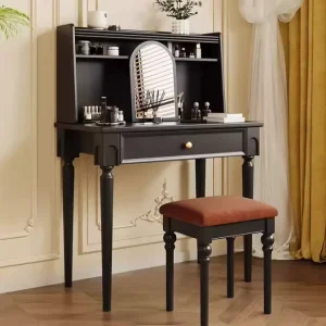French Black Bedroom Makeup Vanity Hair Dresser Furniture Chair Set Salon Wooden Chest Dresser with Drawers and Mirror