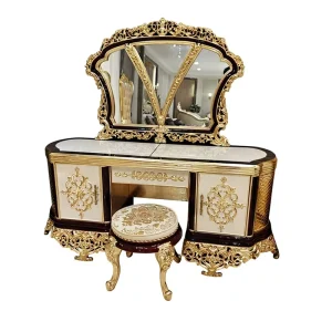 French Court Style Oak Bedroom Dressing Table Stool Set Solid Wood Carving Painted Gold Leaf Luxury Furniture 18 Meters Made