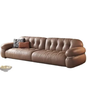 French Retro Italian Minimalist Leather Sofa in Black Top-Layer Cowhide