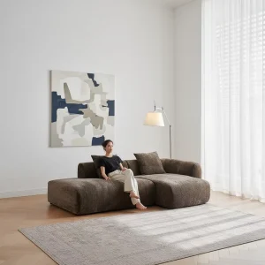 French Vintage Chenille L-Shaped Modular Sectional Sofa with Wood Legs