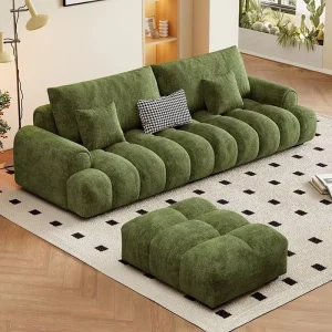 French style Cream Tone Modern Minimalist Three Seat Square Chenille Upholstered Puff Sofa for Small Living Room Hotel