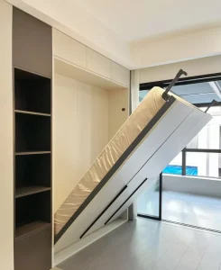 Full-Size Foldable Wooden Murphy Wall Bed with Iron Frame, Apartment and Hotel Use