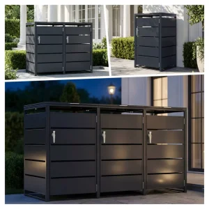 Garden Waste Container Box Bear Proof 3 Wheelie Bin Shed 240L Galvanized Steel Anti-rust Outdoor Bin Enclosure Water Resistant