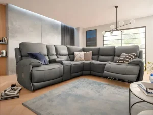 Geeksofa Modern 5 Seater Leather Power Electric Sectional Corner Recliner Sofa with Console & Bluetooth Speaker for Living Room