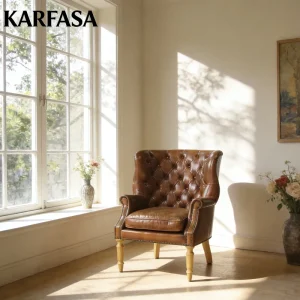 Genuine Leather Handmade Vintage Brown Single Armchair with Wood Legs