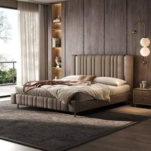 Genuine Leather King Size Bed Frame with Vertical Channel Tufted Headboard
