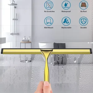 Gold Squeegee Shower Squeegee for Glass Door Window Bathroom Car Windshield Shower Cleaning Tool Square Sticky Hook