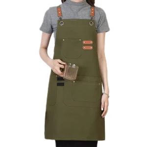 Grass Green Sleeveless Apron with Adjustable Waist Custom Logo Embroidery Durable Polyester Cotton Canvas Workwear for Cleaning