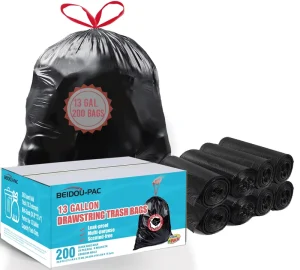 Gravure Printed PE Tall Kitchen Drawstring Trash Bags 13 Gallon 200 Count Heavy Duty Black Unscented