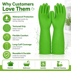 Green Nitrile Long Sleeve Waterproof Medium Thickness Unlined Kitchen Dish Washing Cleaning Household Rubber Gloves