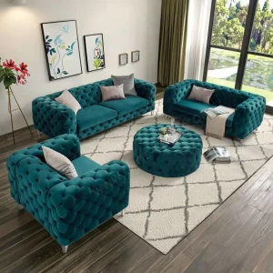 Green Velvet Tufted Chesterfield Sofa Set