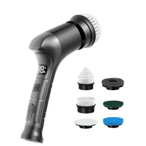 Grey Black Short Handle Electric Spin Scrubber Electric Cleaning Brush 6 Brush Kit 3 Speed LCD Screen Wireless Cleaner