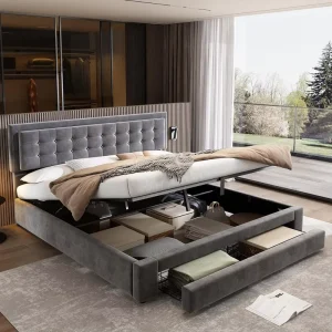 Grey Velvet Upholstered King Size Ottoman Lift-Up Bed Frame with Drawer Storage