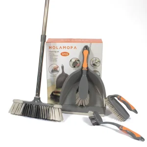 HOLAMOPA 5Pcs Household Cleaning Set With Broom Dustpan and Grout Brush Kit in Retail Box for Home Kitchen Floor Use