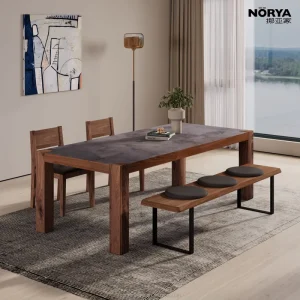 HPL Stone and Solid Walnut Wood Italian Minimalist Dining Table