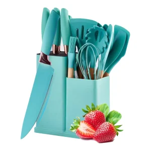HYRI 19 Piece Eco Friendly Kitchen Utensil Set with Wood Hand Grip and Safe Silicone Multi Color