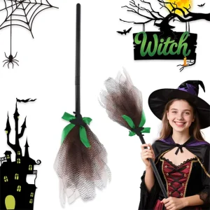 Halloween Witch Broom Prop Creative Mesh Broomstick for Halloween Party Decorations Durable and Accessory for Kid and Adult