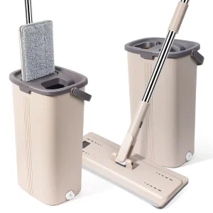 Hand Free Microfiber Flat Mop and Bucket Set Stainless Steel Pole Squeegee Design 360 Magic Floor Cleaning Squeeze Mop