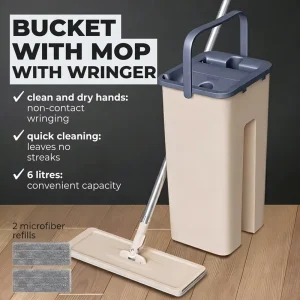 Hand Free Squeeze Mop and Bucket Set Microfiber 360 Rotating Rectangle Flat Mop Floor Cleaner with Stainless Steel Pole