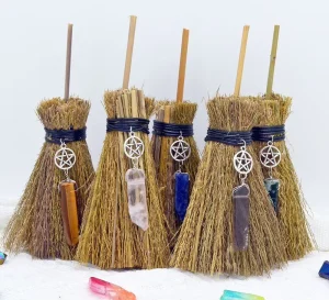 Handmade Healing Crystals for Car Charms Wicca Witch Mini Broom with Crystal Stone for Hallow’s Day