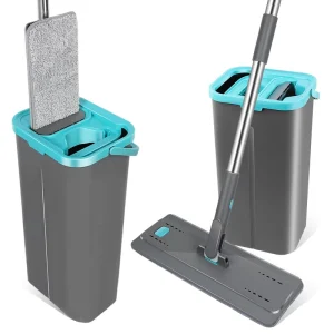Hands Free Flat Mop and Bucket Set Microfiber Squeeze Mop with Bucket