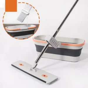 Hands Free Squeeze Flat Mop with Large Collapsible Bucket Set 140cm Stainless Steel Handle Foldable Mop System for Home