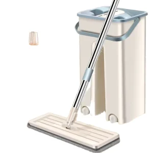 Hands Free Tablet Mop and Bucket Set with Twist System Flat Stainless Steel Handle and Extended Mop for Wood
