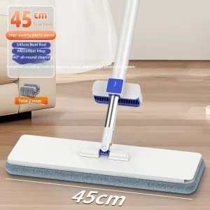 Hands-Free Telescopic Flat Mop Household Extendable 45cm Large Floor Mop One-Stroke Clean Microfibre Fabric
