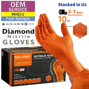 Heavy Duty 10mil Orange Diamond Grip Nitrile Gloves Car Repair High Visibility Warehouse Logistics Guantes De Nitrilo